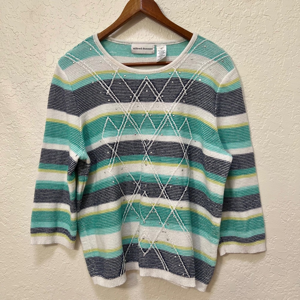Alfred Dunner Womens XL Teal Green Striped 3/4 Sleeve Studded‎ Knit Sweater Top